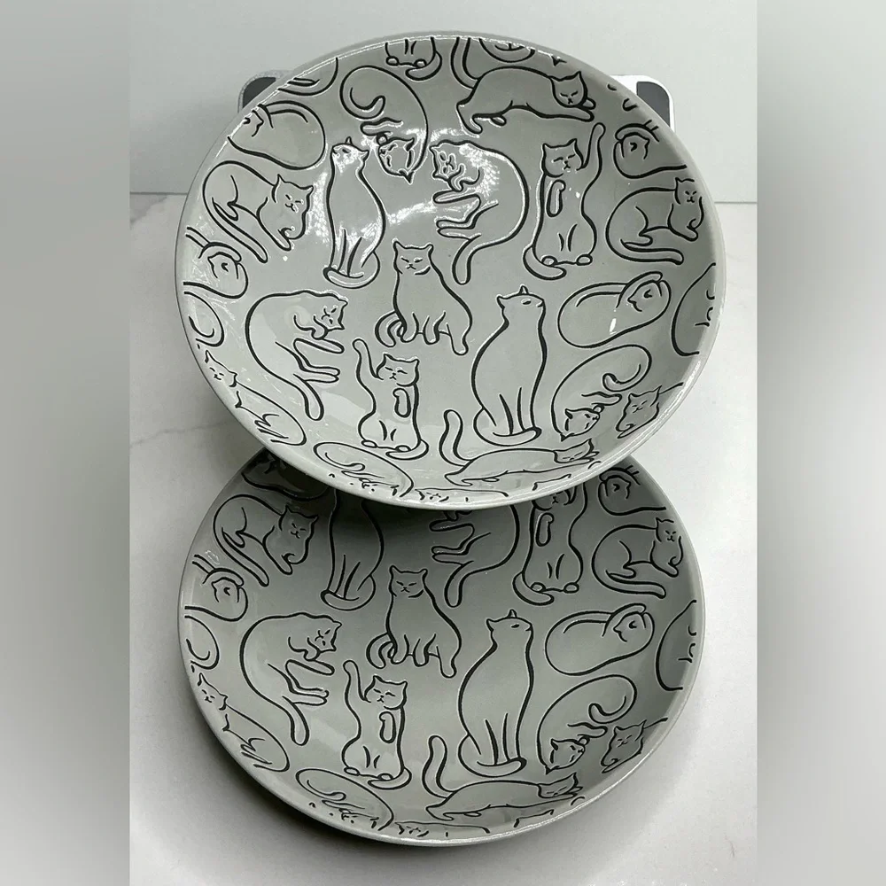2 Signature Cat Pet Bowl Plate Food Dish Plate Adorable Gray 6” New